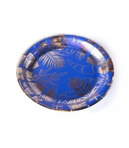 Plato de Polipapel Azul con Stamping Dorado Hojas x 8